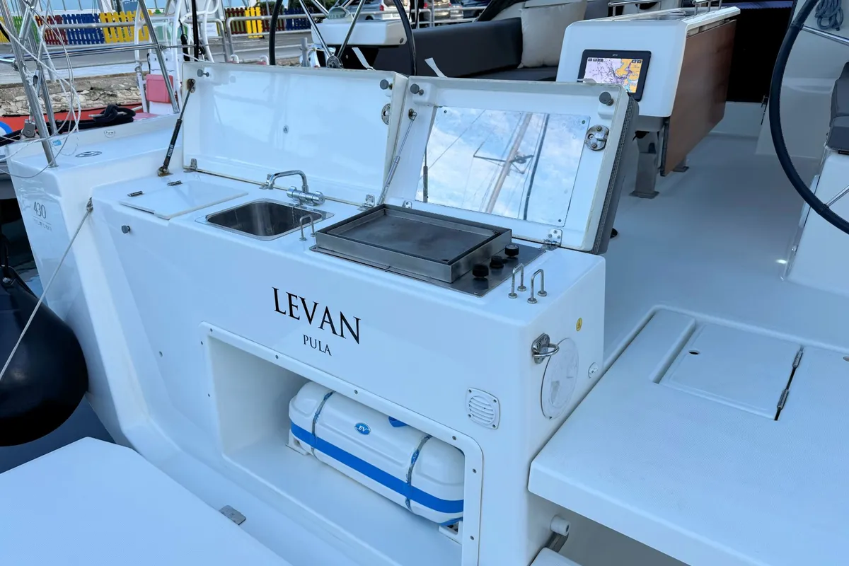 Exterior view of Levan, a Dufour 430 GL sailboat at Grad Pula, Croatia
