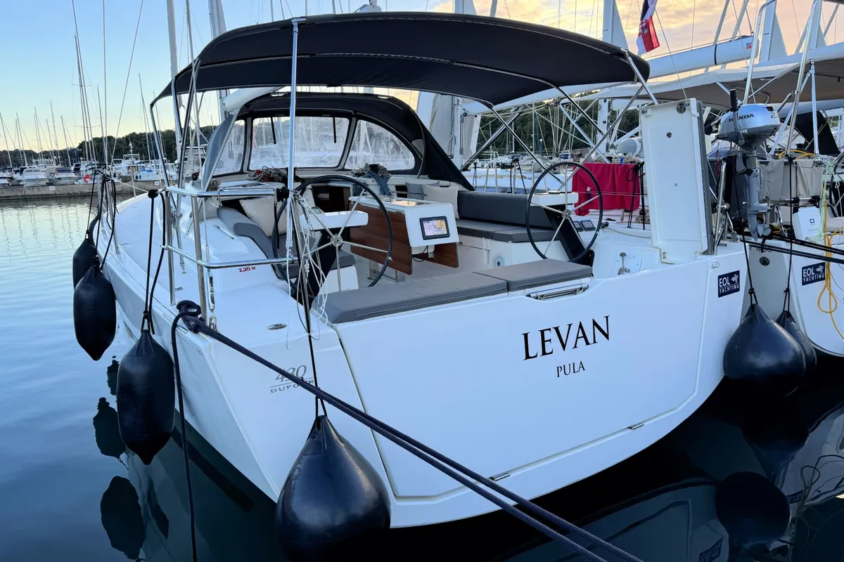 Exterior view of Levan, a Dufour 430 GL sailboat at Grad Pula, Croatia