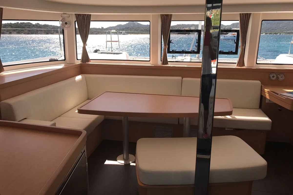 Salon of Benetnash II, a Lagoon 42 catamaran at English Harbour, Antigua and Barbuda