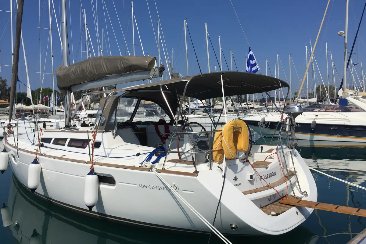 Exterior view of Poseidon, a Jeanneau Sun Odyssey 42i sailboat at Benitses, Greece