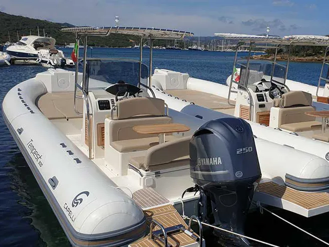 Deck of Maxi Rib, a Capelli Tempest 900 motorboat at Olbia, Italy