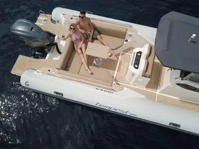 Deck of Maxi Rib, a Capelli Tempest 900 motorboat at Olbia, Italy