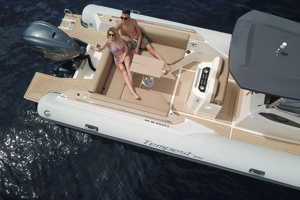 Deck of Maxi Rib, a Capelli Tempest 900 motorboat at Olbia, Italy