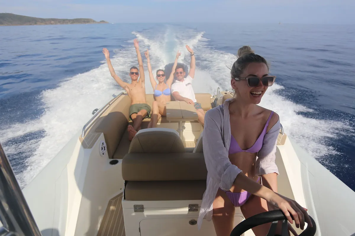 Cockpit of Maxi Rib, a Capelli Tempest 900 motorboat at Olbia, Italy