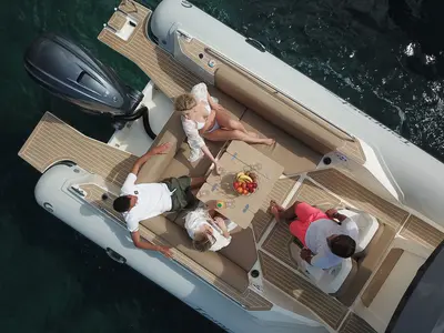 Deck of Maxi Rib, a Capelli Tempest 900 motorboat at Olbia, Italy