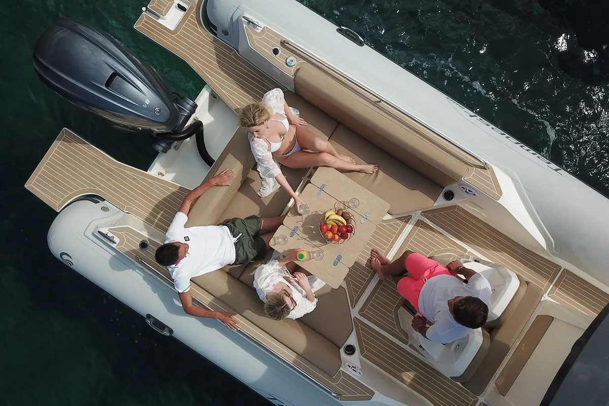 Deck of Maxi Rib, a Capelli Tempest 900 motorboat at Olbia, Italy