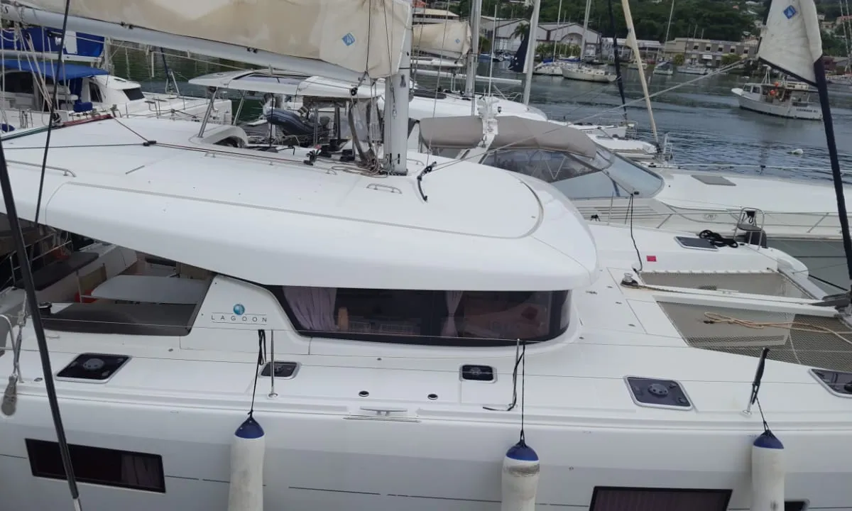 Deck of Benetnash II, a Lagoon 42 catamaran at St. George's, Grenada