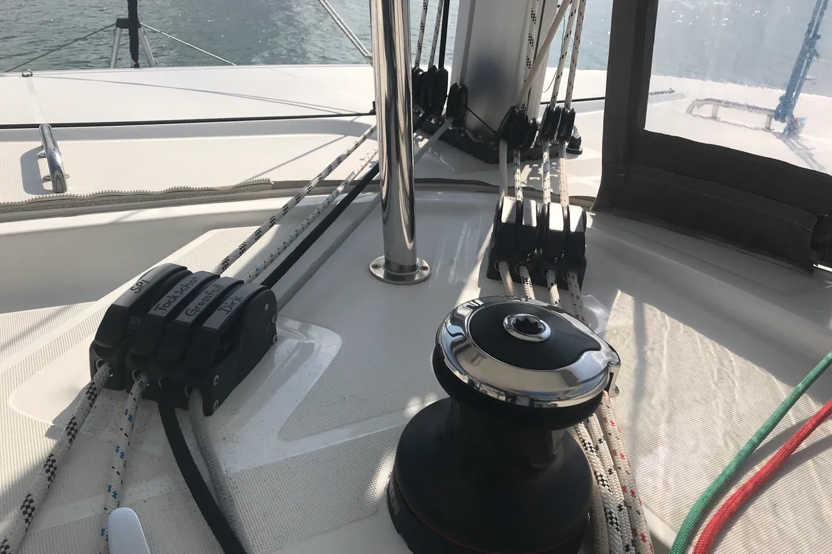 Cockpit of Benetnash II, a Lagoon 42 catamaran at St. George's, Grenada
