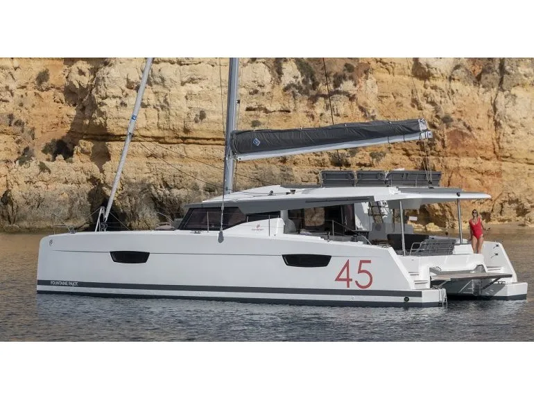Exterior view of Night Breeze, a Fountaine Pajot Elba 45 catamaran at Kos, Greece