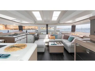 Salon of Night Breeze, a Fountaine Pajot Elba 45 catamaran at Kos, Greece