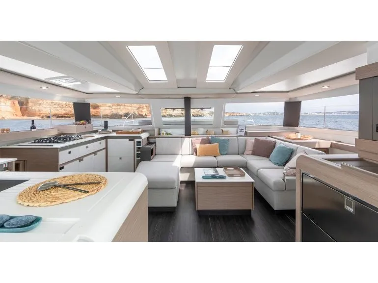 Salon of Night Breeze, a Fountaine Pajot Elba 45 catamaran at Kos, Greece