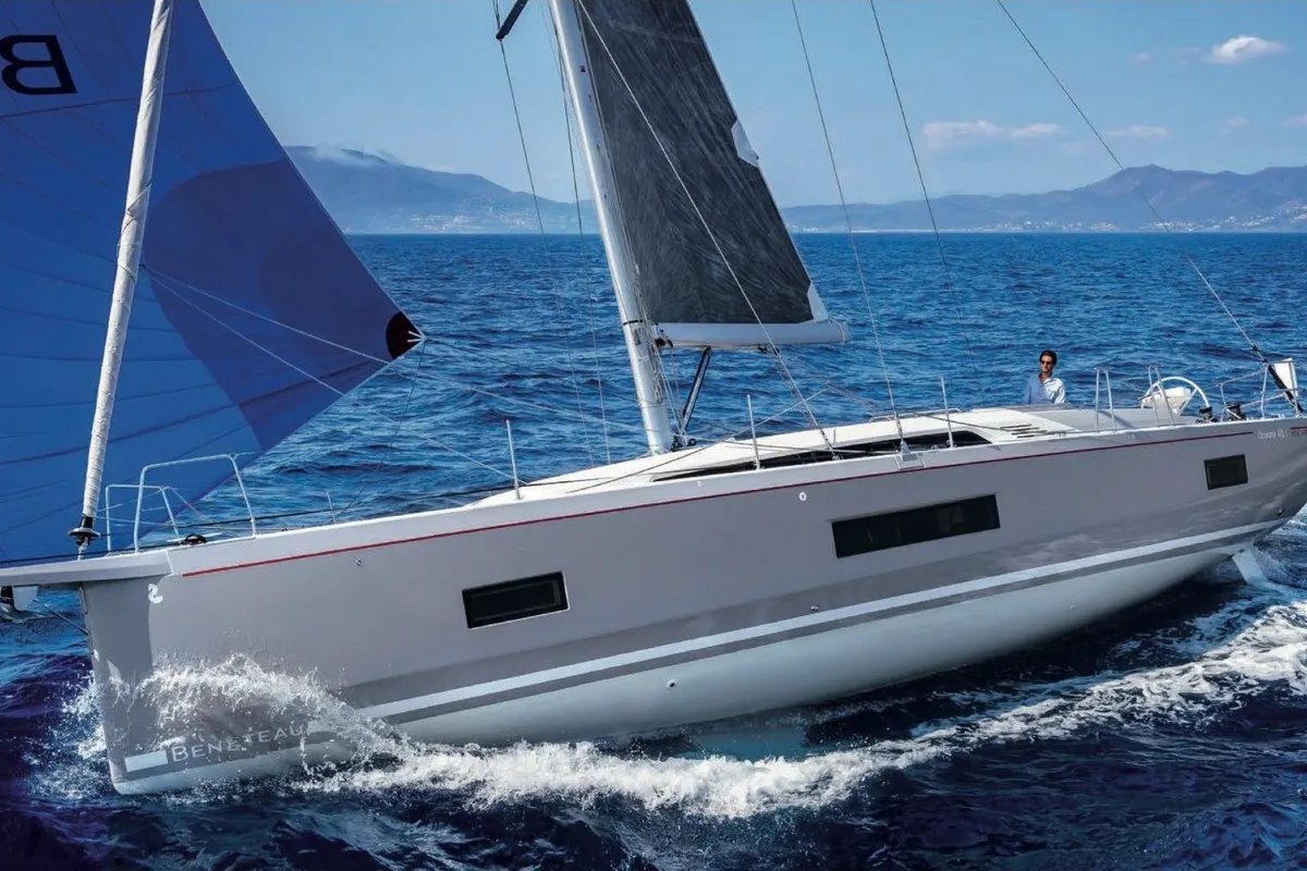 Exterior view of Fedra, a Beneteau Oceanis 46.1 sailboat at Olbia, Italy