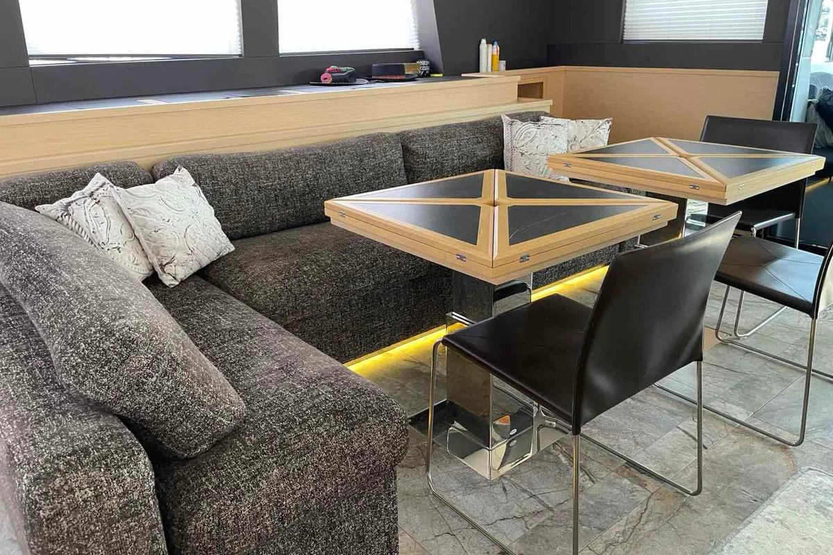 Salon of Pearly Gates, a Lagoon Power 630 catamaran at Mykonos, Greece