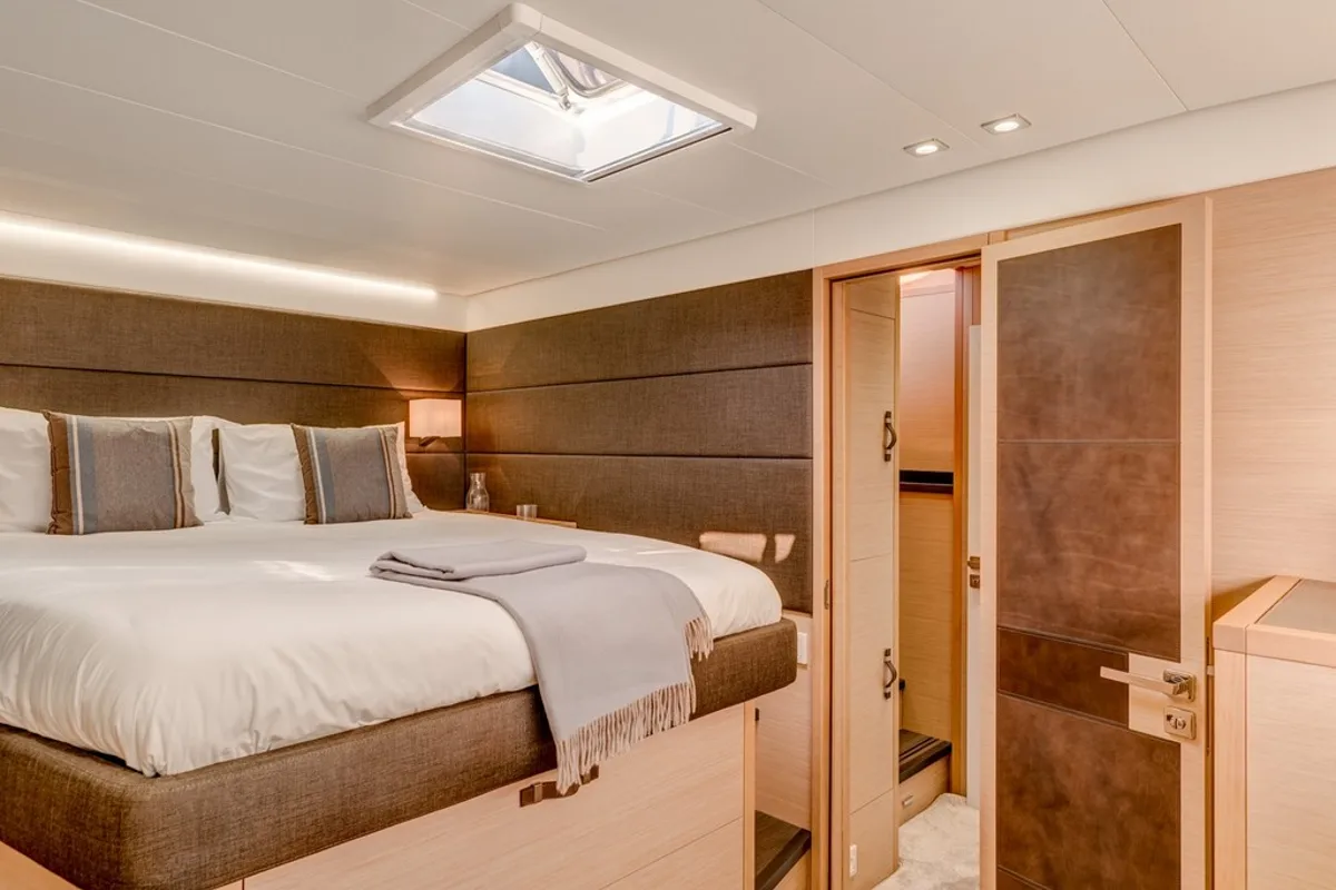 Cabin on Pearly Gates, a Lagoon Power 630 catamaran at Mykonos, Greece