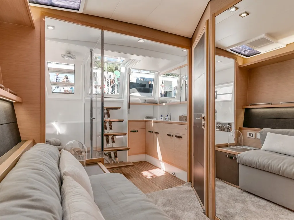 Cabin on Pearly Gates, a Lagoon Power 630 catamaran at Mykonos, Greece