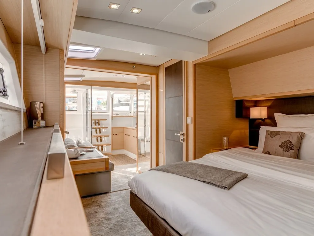 Cabin on Pearly Gates, a Lagoon Power 630 catamaran at Mykonos, Greece