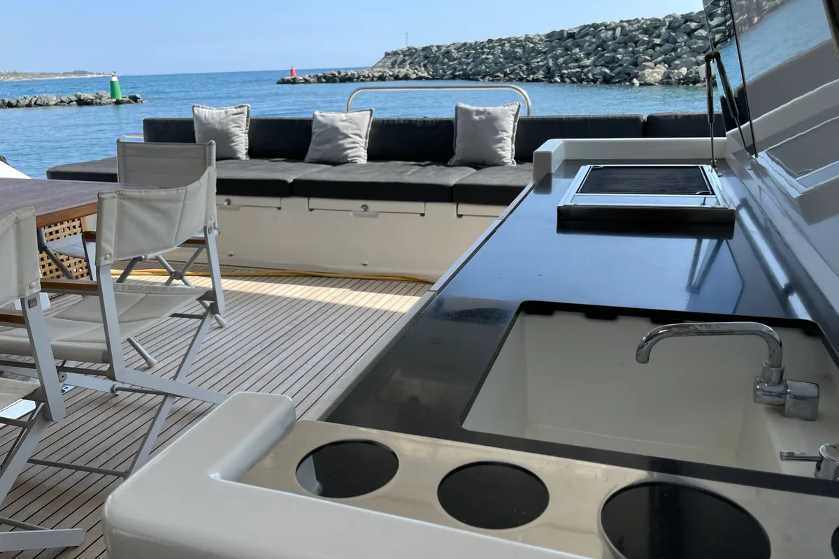 Deck of Pearly Gates, a Lagoon Power 630 catamaran at Mykonos, Greece