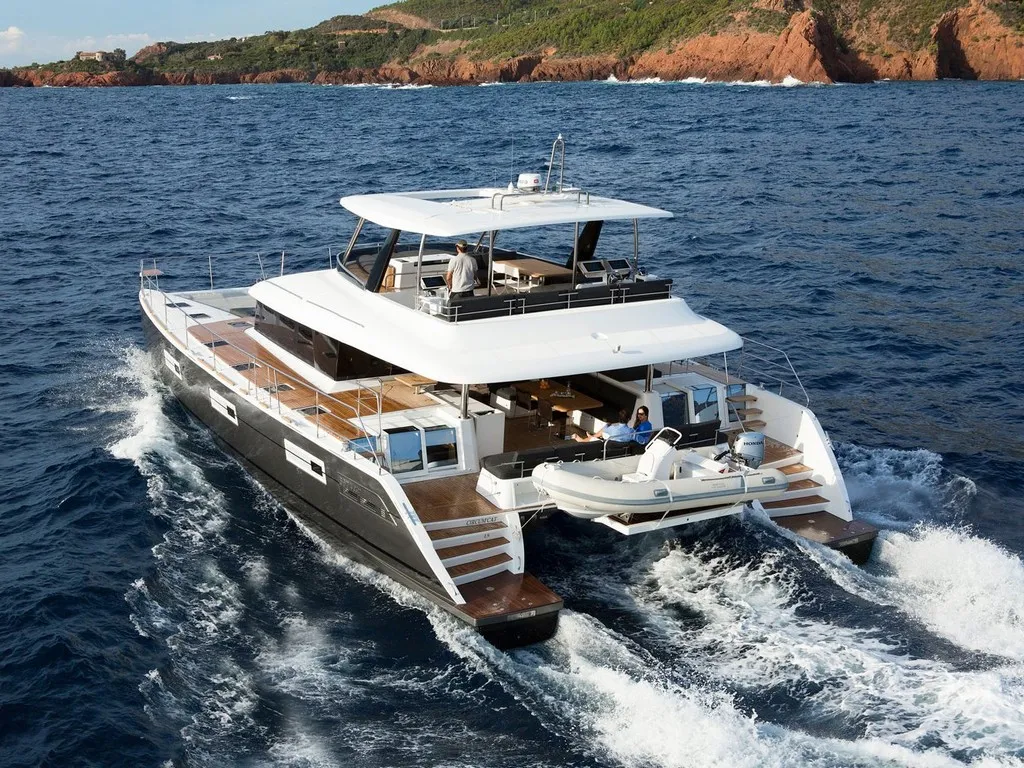 Exterior view of Pearly Gates, a Lagoon Power 630 catamaran at Mykonos, Greece