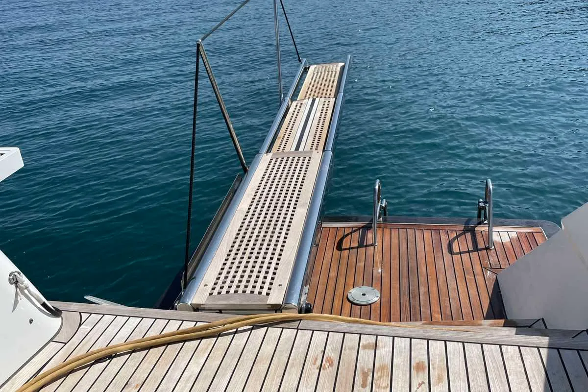 Deck of Pearly Gates, a Lagoon Power 630 catamaran at Mykonos, Greece