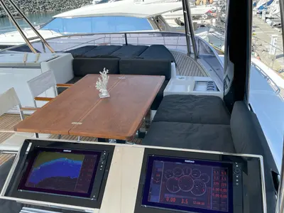 Cockpit of Pearly Gates, a Lagoon Power 630 catamaran at Mykonos, Greece