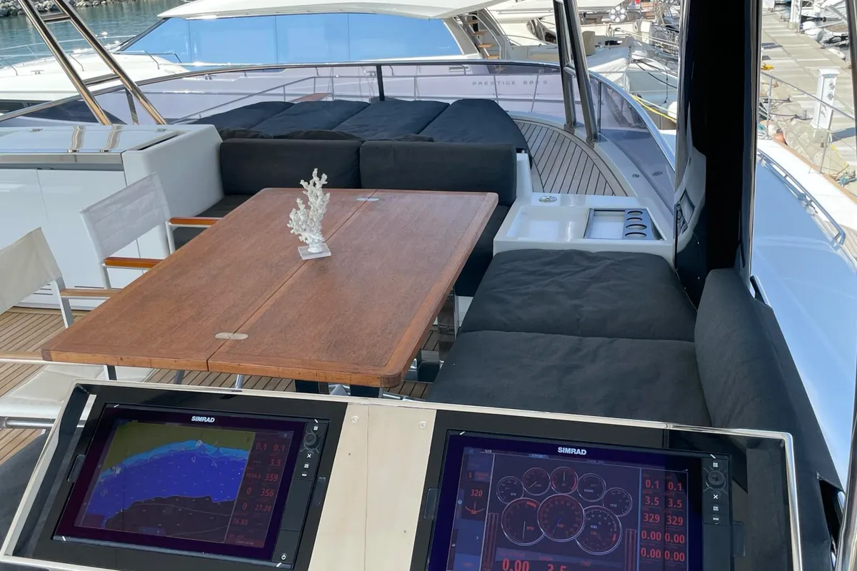 Cockpit of Pearly Gates, a Lagoon Power 630 catamaran at Mykonos, Greece