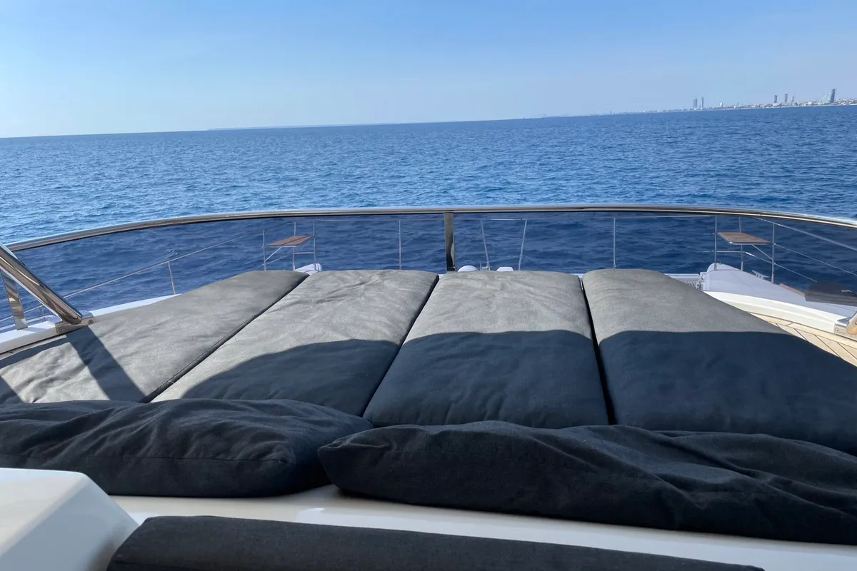 Deck of Pearly Gates, a Lagoon Power 630 catamaran at Mykonos, Greece