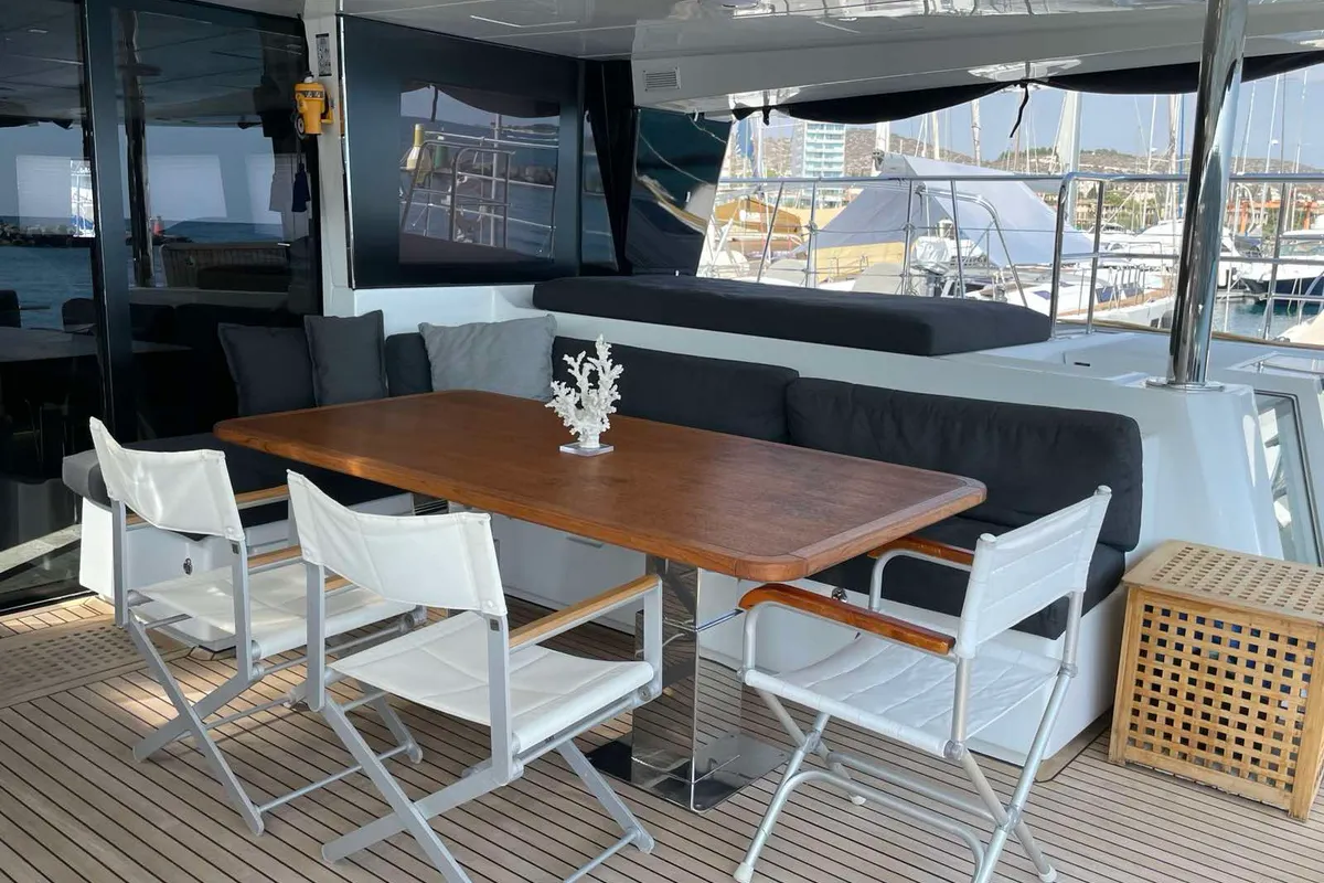 Deck of Pearly Gates, a Lagoon Power 630 catamaran at Mykonos, Greece