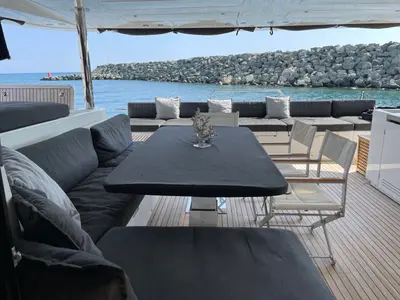 Deck of Pearly Gates, a Lagoon Power 630 catamaran at Mykonos, Greece