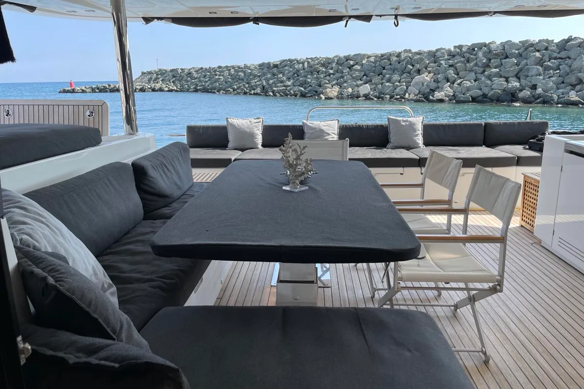 Deck of Pearly Gates, a Lagoon Power 630 catamaran at Mykonos, Greece