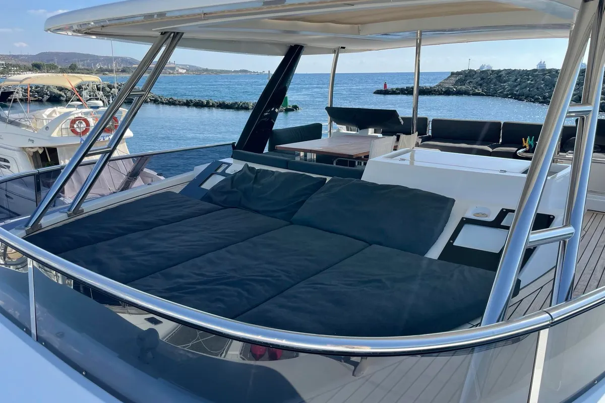 Deck of Pearly Gates, a Lagoon Power 630 catamaran at Mykonos, Greece