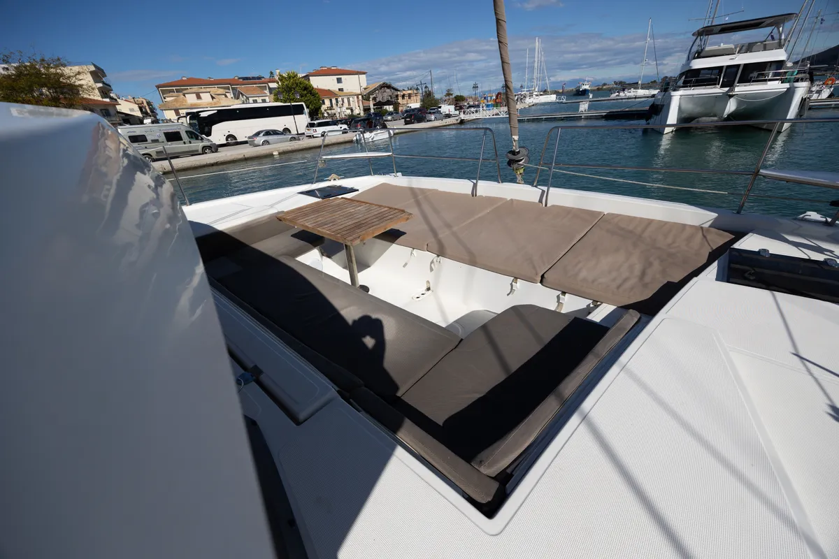 Deck of Lady Dasi, a Bali 4.1 catamaran at Municipal Unit of Lefkada, Greece
