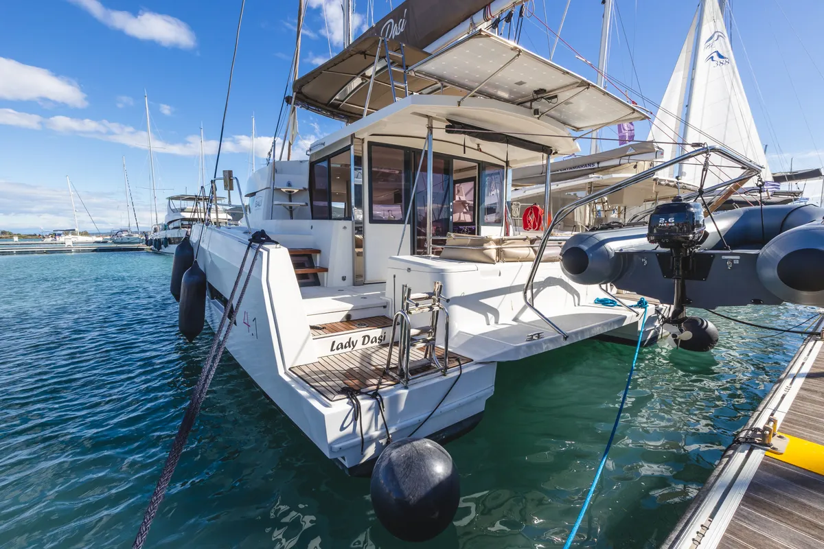 Exterior view of Lady Dasi, a Bali 4.1 catamaran at Municipal Unit of Lefkada, Greece
