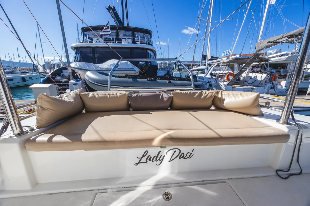 Deck of Lady Dasi, a Bali 4.1 catamaran at Municipal Unit of Lefkada, Greece