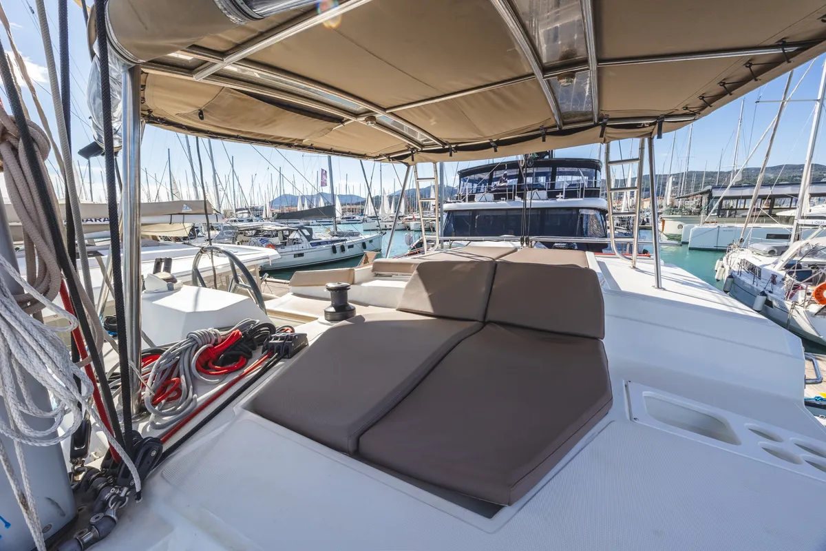 Deck of Lady Dasi, a Bali 4.1 catamaran at Municipal Unit of Lefkada, Greece