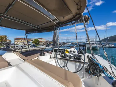Cockpit of Lady Dasi, a Bali 4.1 catamaran at Municipal Unit of Lefkada, Greece