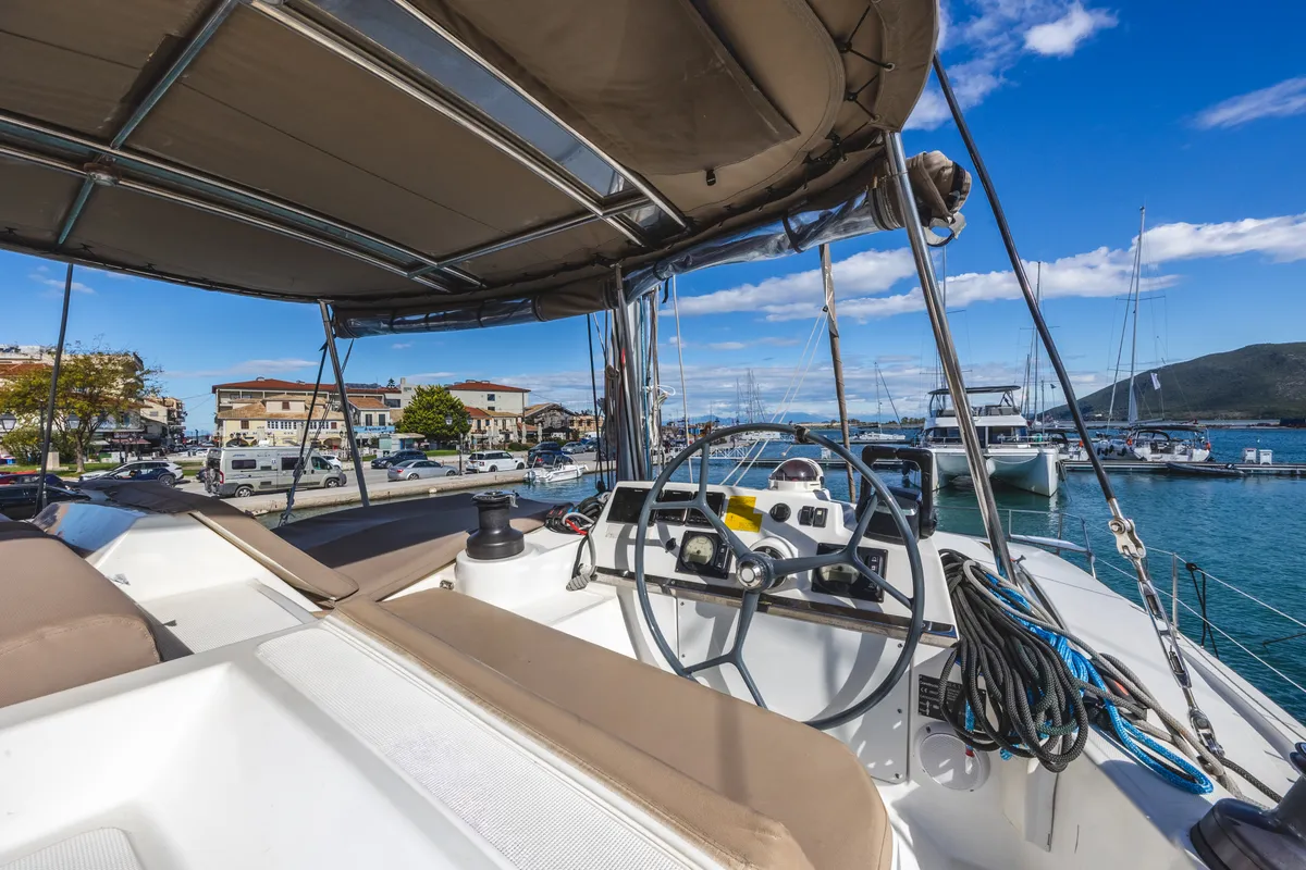 Cockpit of Lady Dasi, a Bali 4.1 catamaran at Municipal Unit of Lefkada, Greece