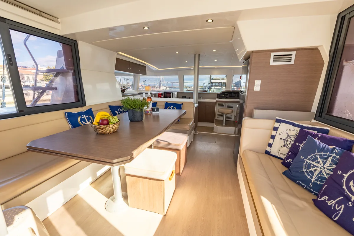 Salon of Lady Dasi, a Bali 4.1 catamaran at Municipal Unit of Lefkada, Greece