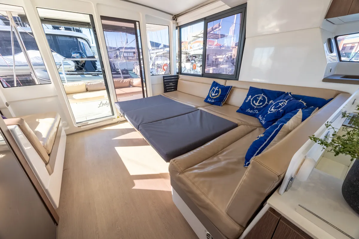 Salon of Lady Dasi, a Bali 4.1 catamaran at Municipal Unit of Lefkada, Greece