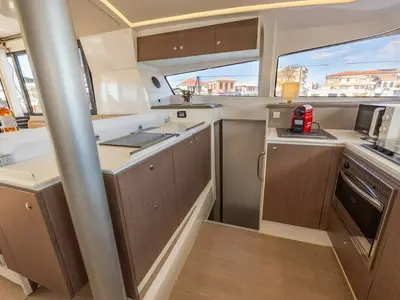 Galley of Lady Dasi, a Bali 4.1 catamaran at Lefkada, Greece