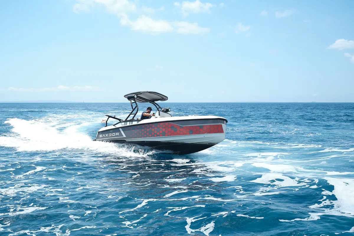 Exterior view of Mistral, a Saxdor 200 Sport motorboat at Ibiza, Spain