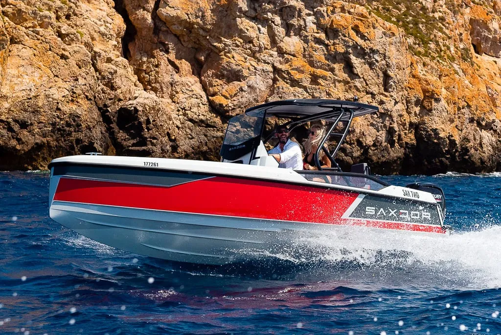Exterior view of Mistral, a Saxdor 200 Sport motorboat at Ibiza, Spain