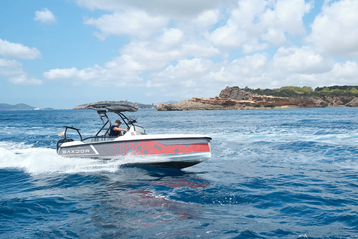 Exterior view of Mistral, a Saxdor 200 Sport motorboat at Ibiza, Spain