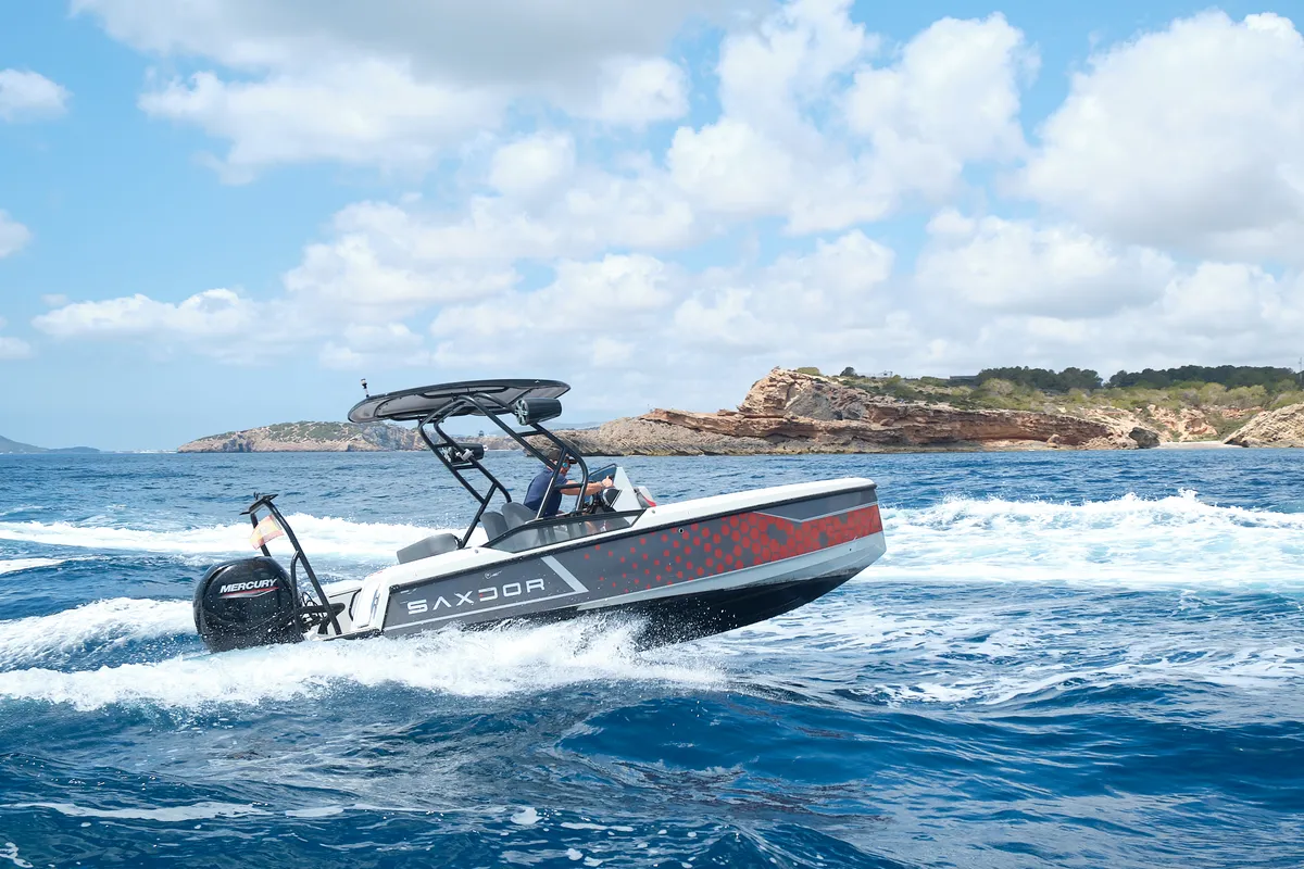 Exterior view of Mistral, a Saxdor 200 Sport motorboat at Ibiza, Spain
