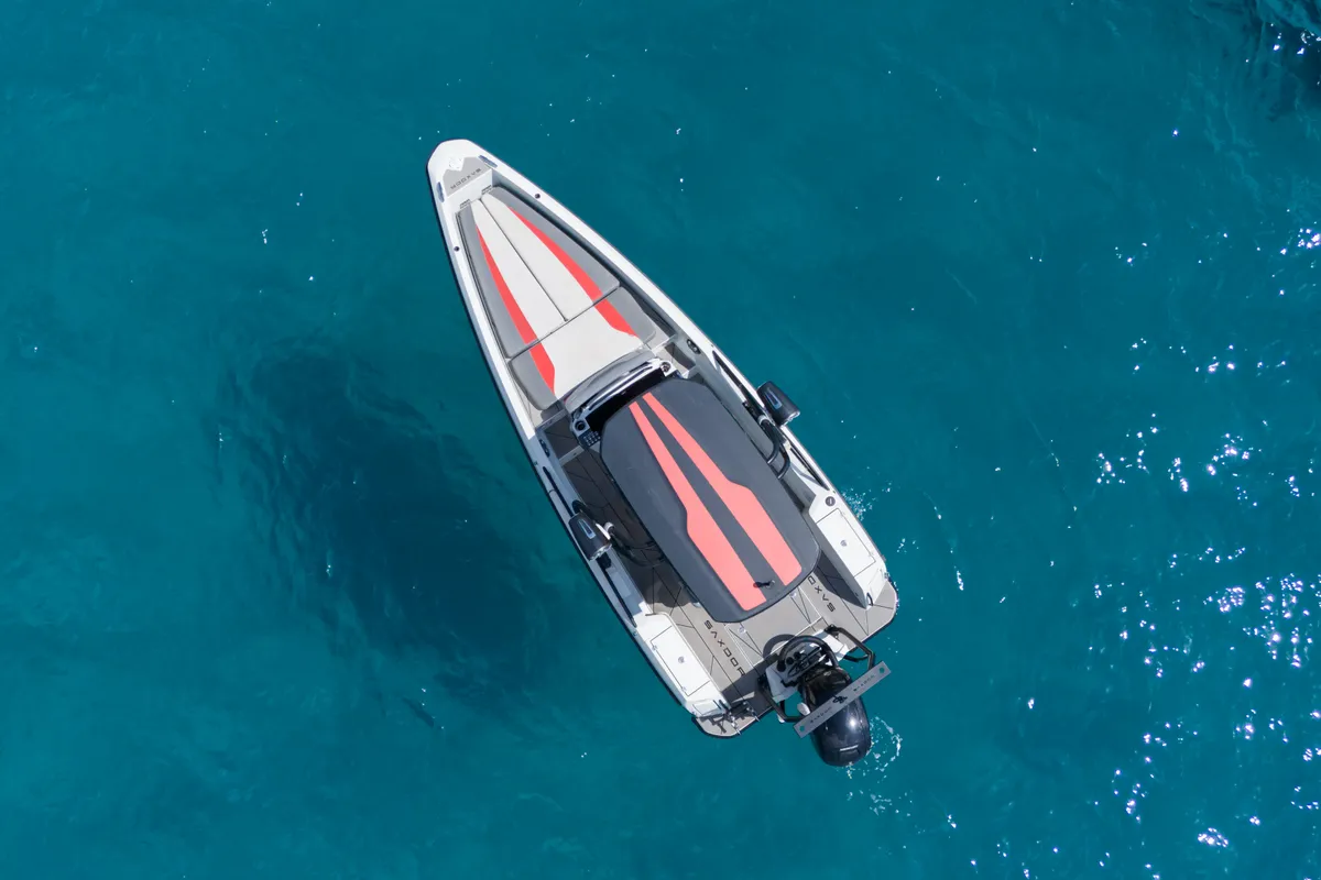 Exterior view of Mistral, a Saxdor 200 Sport motorboat at Ibiza, Spain