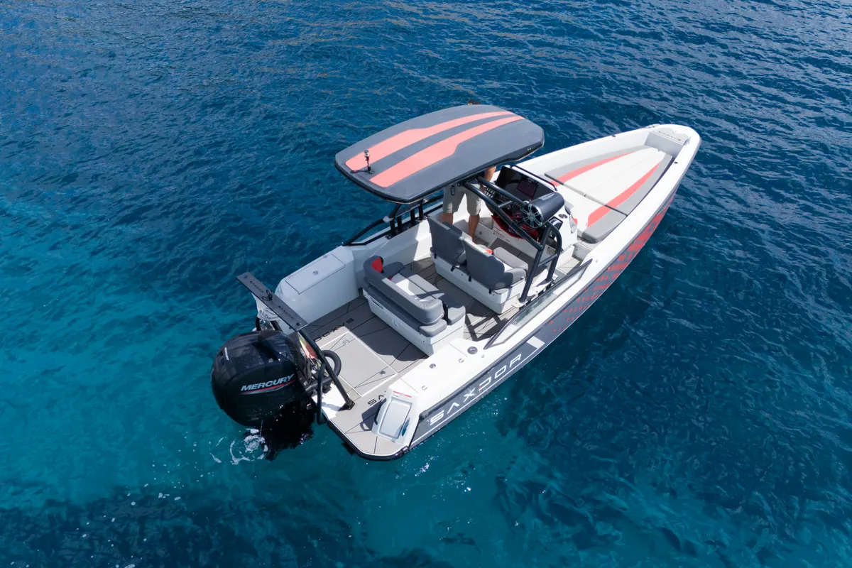 Exterior view of Mistral, a Saxdor 200 Sport motorboat at Ibiza, Spain