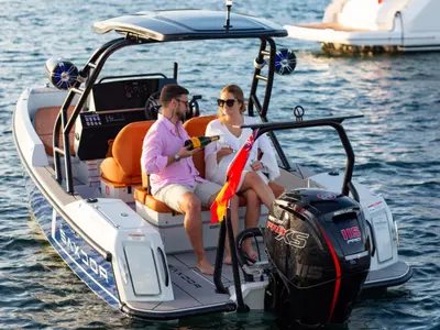Deck of Mistral, a Saxdor 200 Sport motorboat at Ibiza, Spain