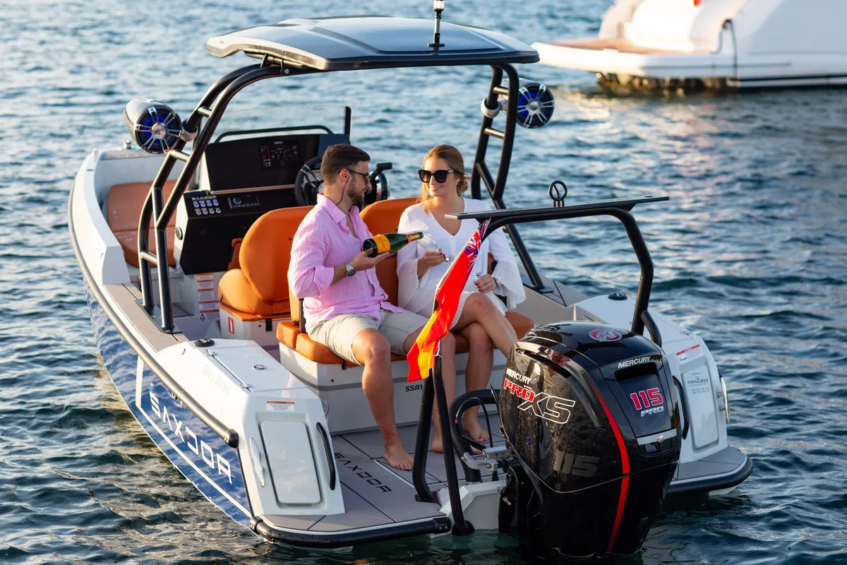 Deck of Mistral, a Saxdor 200 Sport motorboat at Ibiza, Spain