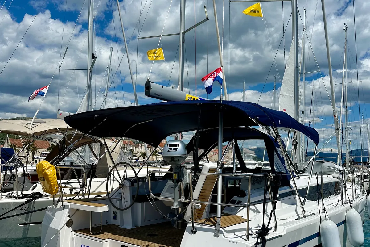 Exterior view of Surf Point, a Bavaria C38 sailboat at Split, Croatia