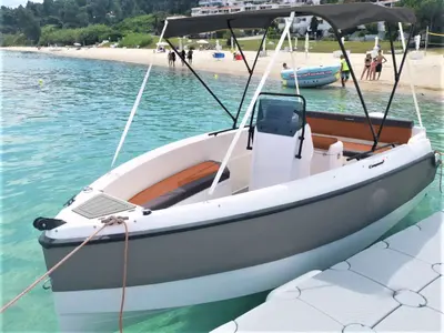 Exterior view of Alia, a Gulet Compass 160e motorboat at Alyki, Greece