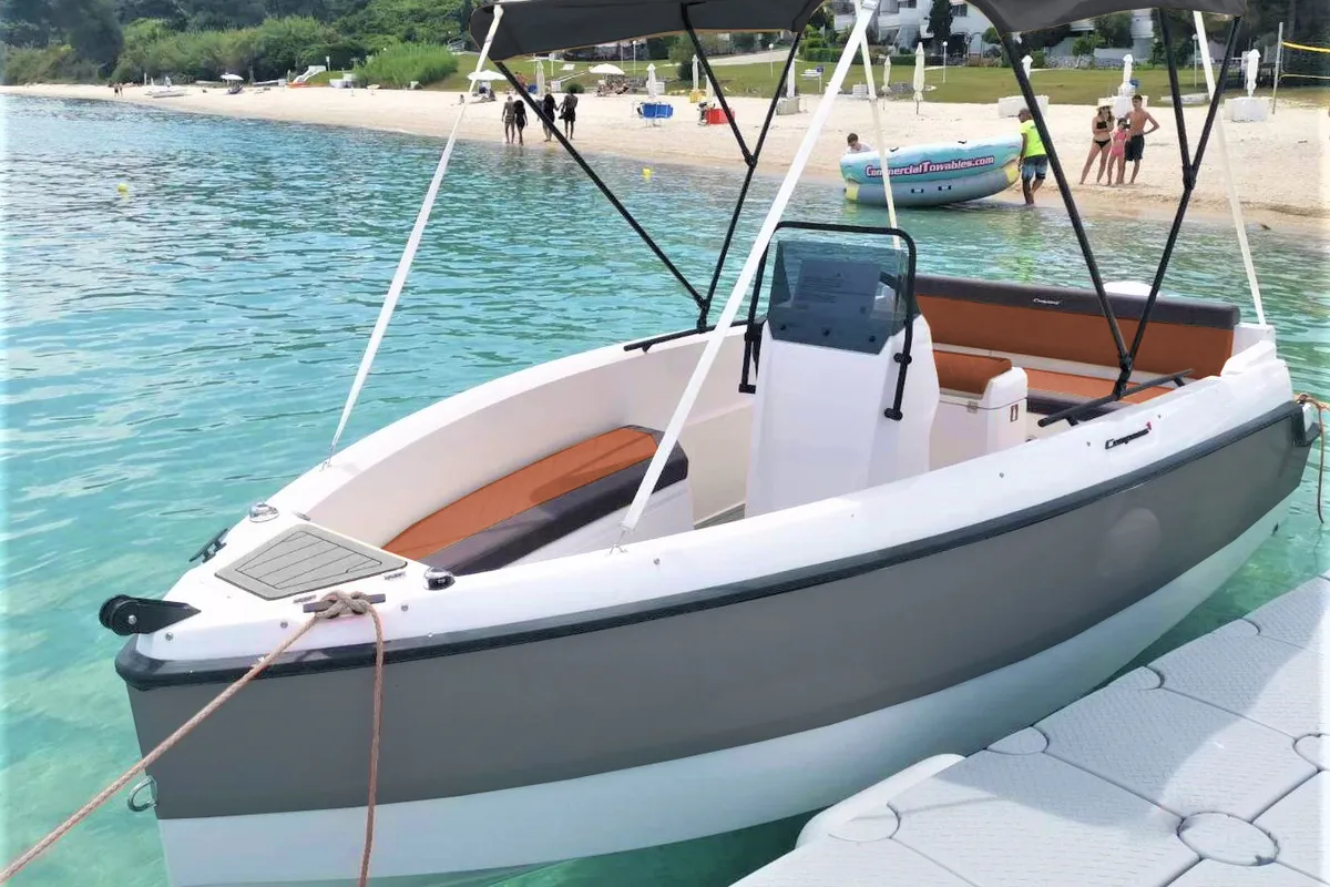 Exterior view of Alia, a Gulet Compass 160e motorboat at Alyki, Greece